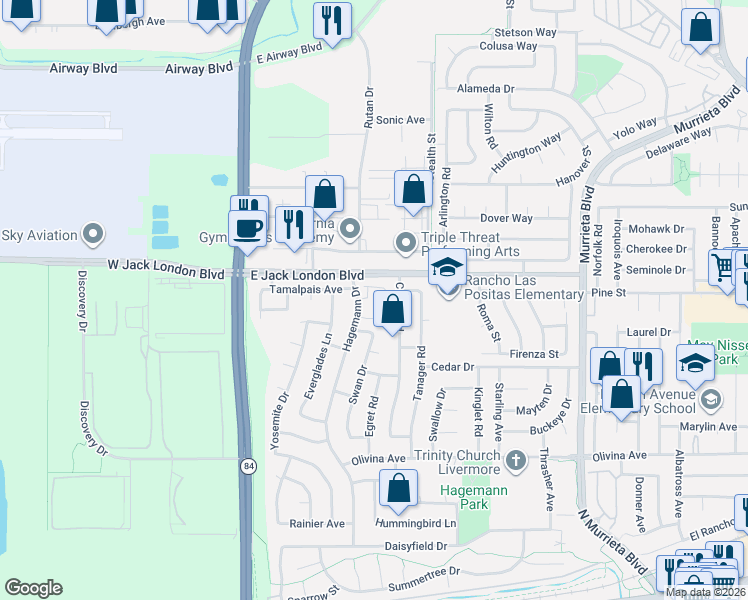 map of restaurants, bars, coffee shops, grocery stores, and more near 386 Garden Common in Livermore