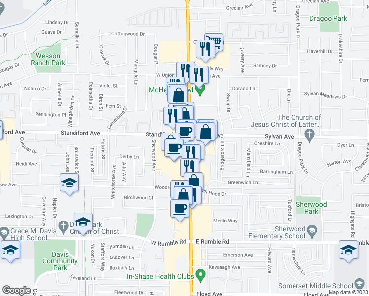 map of restaurants, bars, coffee shops, grocery stores, and more near 3421 McHenry Avenue in Modesto