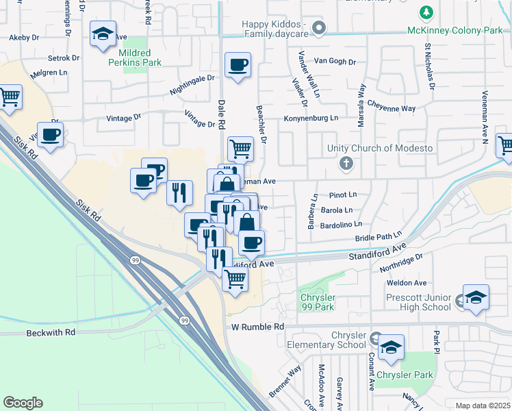 map of restaurants, bars, coffee shops, grocery stores, and more near Braden Avenue in Modesto