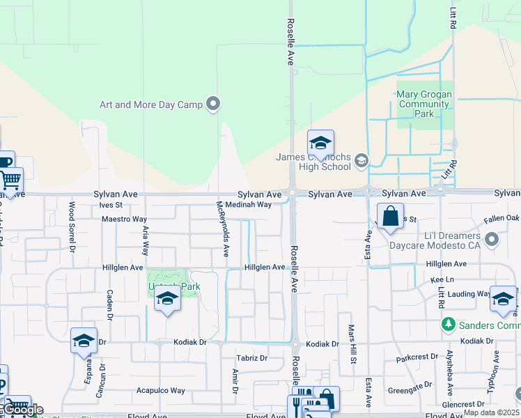 map of restaurants, bars, coffee shops, grocery stores, and more near 3412 Palliser Way in Modesto