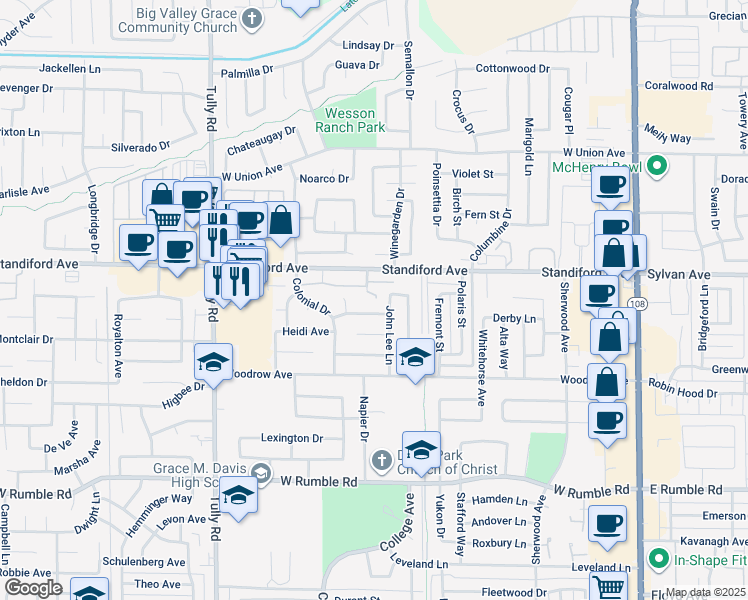 map of restaurants, bars, coffee shops, grocery stores, and more near 3405 John Lee Lane in Modesto