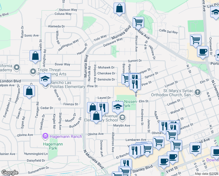 map of restaurants, bars, coffee shops, grocery stores, and more near 826 Dakota Court in Livermore