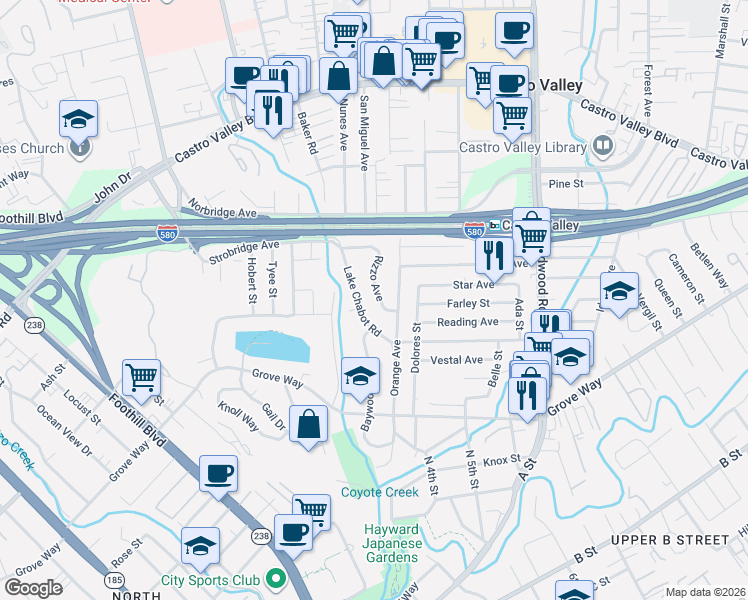 map of restaurants, bars, coffee shops, grocery stores, and more near 21475 Rizzo Avenue in Castro Valley