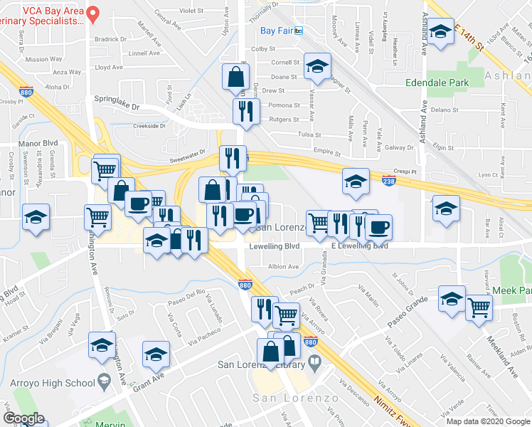 map of restaurants, bars, coffee shops, grocery stores, and more near 15570 Usher Street in San Lorenzo