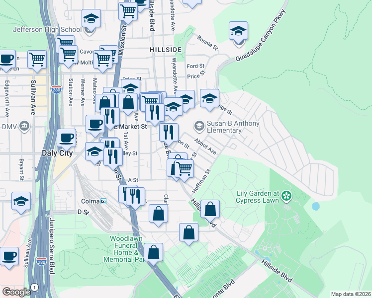 map of restaurants, bars, coffee shops, grocery stores, and more near in San Mateo County