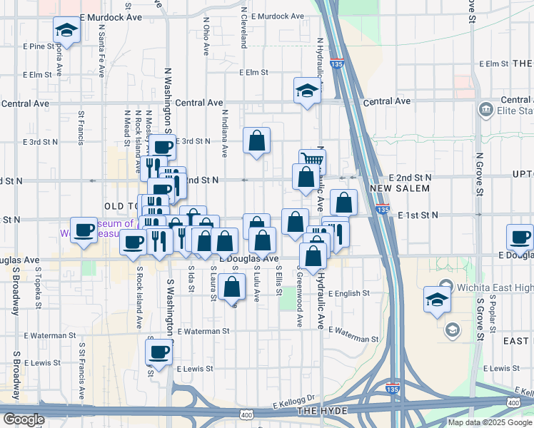 map of restaurants, bars, coffee shops, grocery stores, and more near 137 New York Street in Wichita