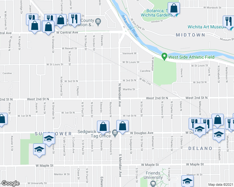 map of restaurants, bars, coffee shops, grocery stores, and more near in Wichita