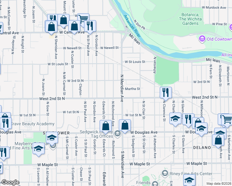 map of restaurants, bars, coffee shops, grocery stores, and more near 258 Richmond North in Wichita