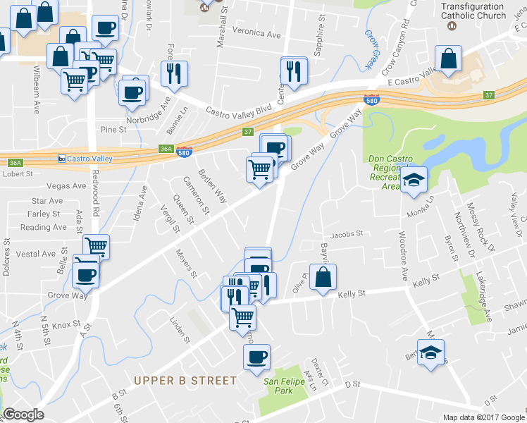 map of restaurants, bars, coffee shops, grocery stores, and more near 22185 Center Street in Castro Valley
