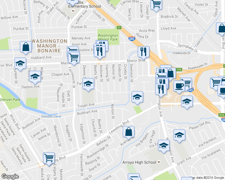 map of restaurants, bars, coffee shops, grocery stores, and more near 15185 Norton St in San Leandro