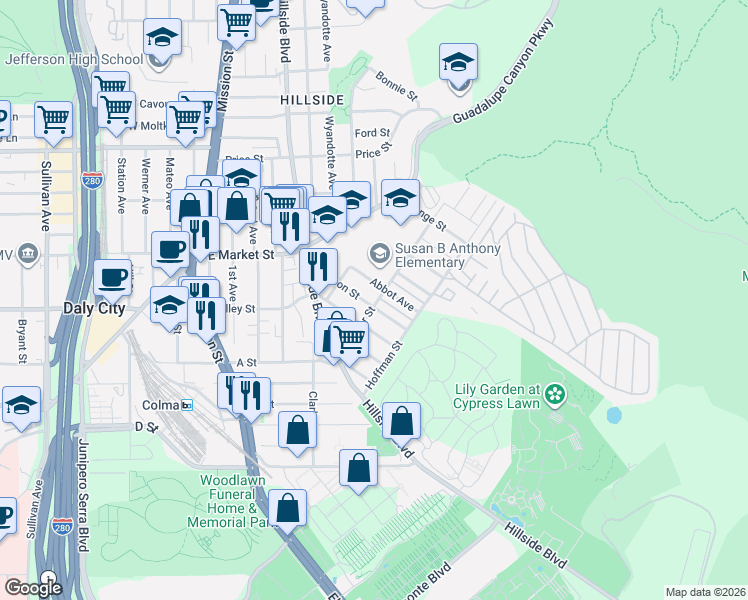 map of restaurants, bars, coffee shops, grocery stores, and more near in San Mateo County