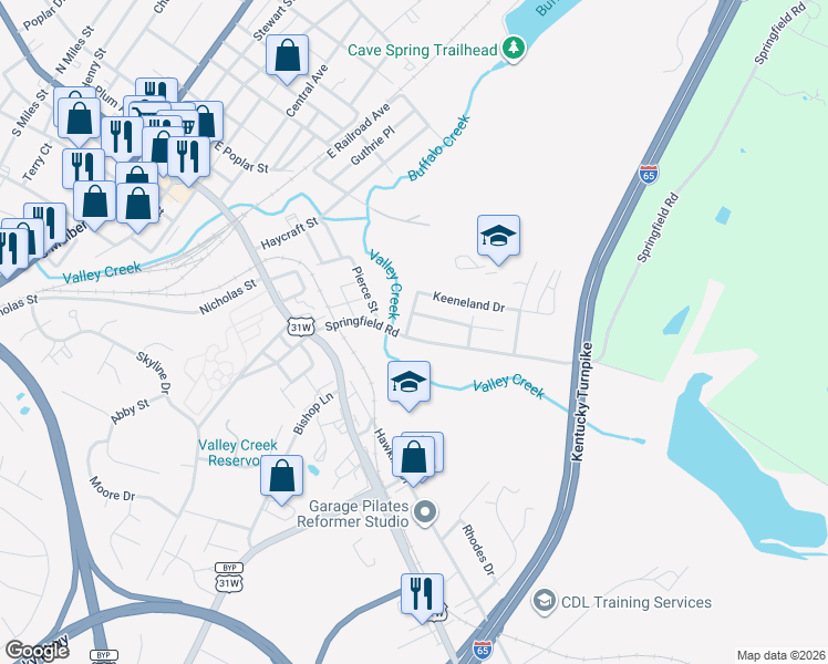 map of restaurants, bars, coffee shops, grocery stores, and more near 221 Springfield Rd in Elizabethtown
