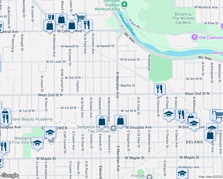 map of restaurants, bars, coffee shops, grocery stores, and more near 258 Richmond North in Wichita