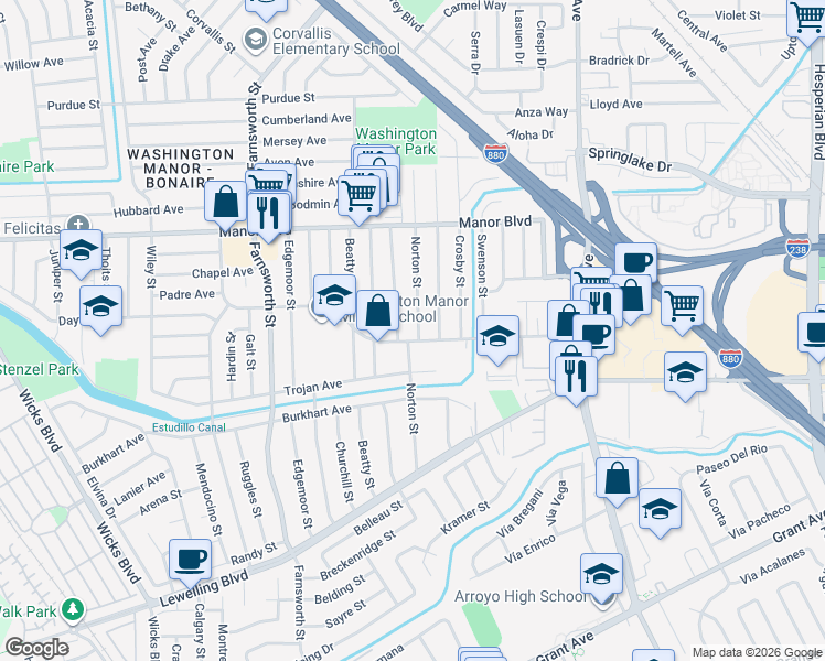map of restaurants, bars, coffee shops, grocery stores, and more near 15185 Norton Street in San Leandro