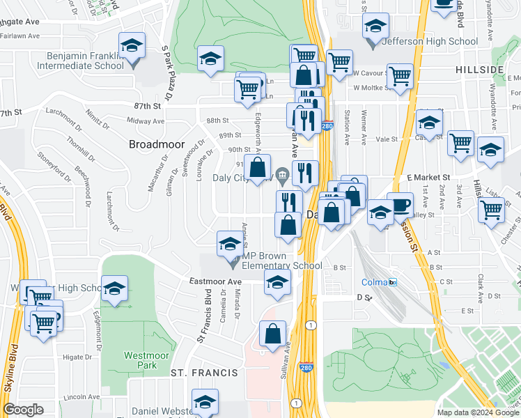 map of restaurants, bars, coffee shops, grocery stores, and more near in Broadmoor