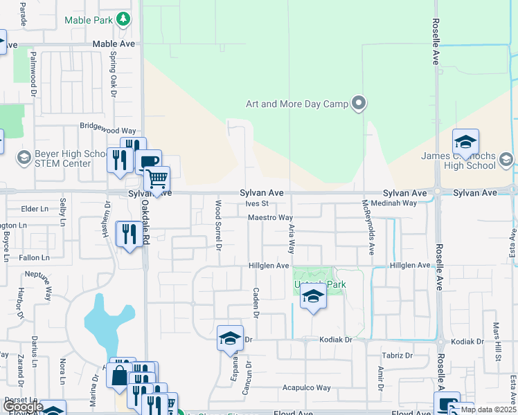 map of restaurants, bars, coffee shops, grocery stores, and more near 2444 Maestro Way in Modesto