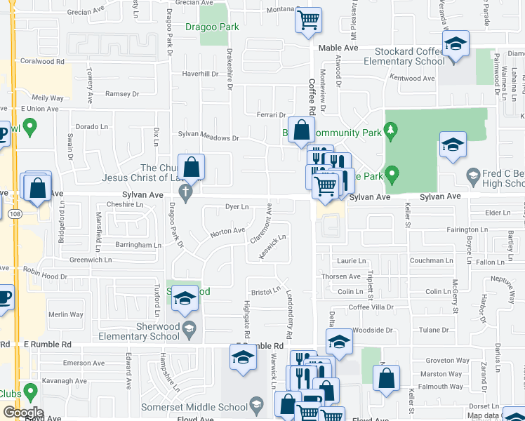 map of restaurants, bars, coffee shops, grocery stores, and more near 1016 Dyer Lane in Modesto
