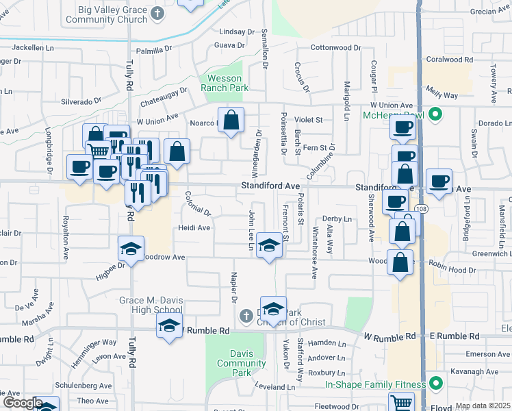 map of restaurants, bars, coffee shops, grocery stores, and more near 812 Eldon Way in Modesto