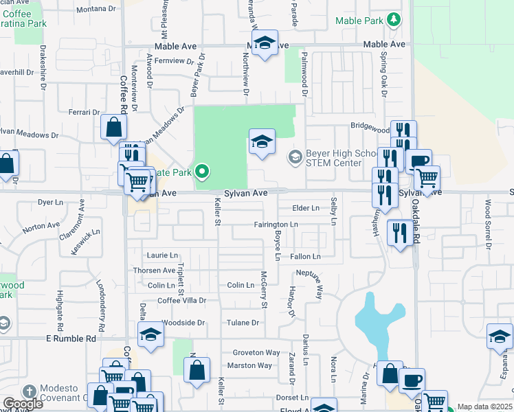 map of restaurants, bars, coffee shops, grocery stores, and more near 1710 Sylvan Avenue in Modesto