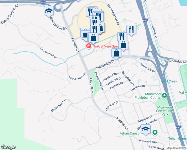 map of restaurants, bars, coffee shops, grocery stores, and more near 5700 Pleasant Hill Road in Pleasanton