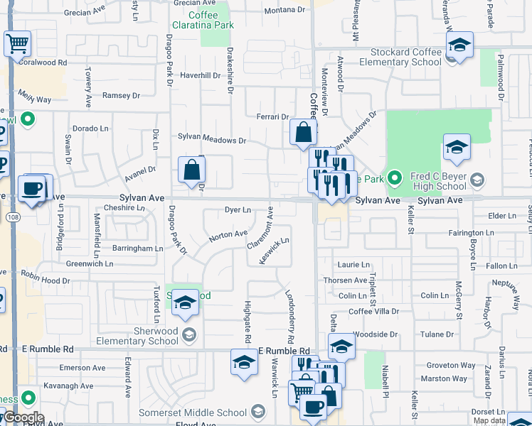 map of restaurants, bars, coffee shops, grocery stores, and more near 3469 Claremont Avenue in Modesto
