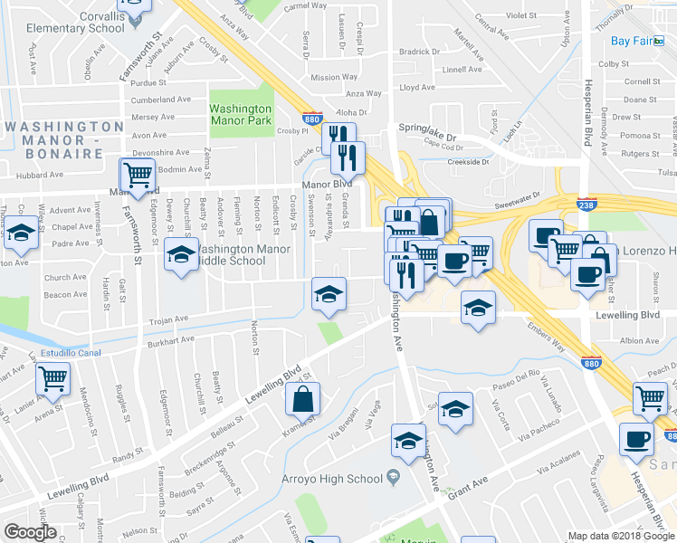 map of restaurants, bars, coffee shops, grocery stores, and more near 765 Fargo Avenue in San Leandro