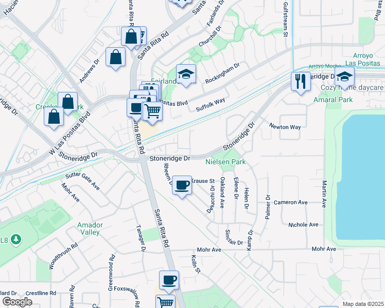 map of restaurants, bars, coffee shops, grocery stores, and more near 2909 Moreno Avenue in Pleasanton