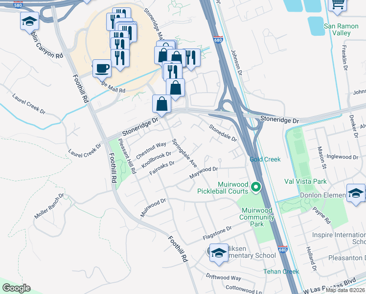 map of restaurants, bars, coffee shops, grocery stores, and more near 7539 Homewood Court in Pleasanton