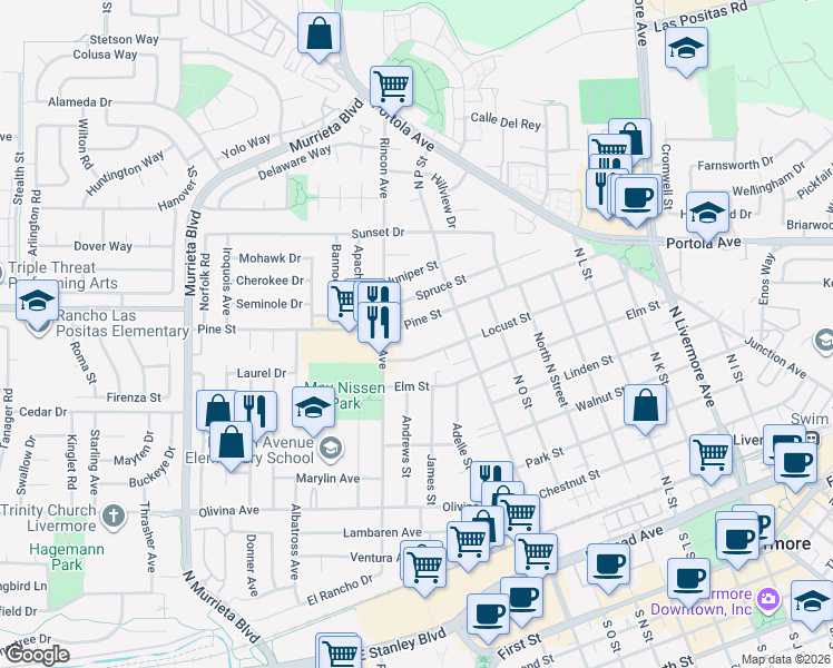 map of restaurants, bars, coffee shops, grocery stores, and more near 1322 Pine Street in Livermore