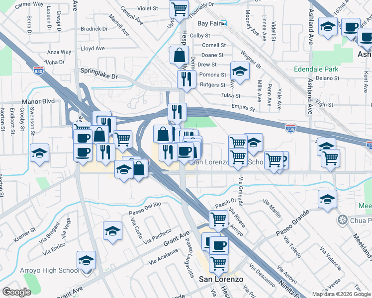 map of restaurants, bars, coffee shops, grocery stores, and more near 15540 Hesperian Boulevard in San Lorenzo