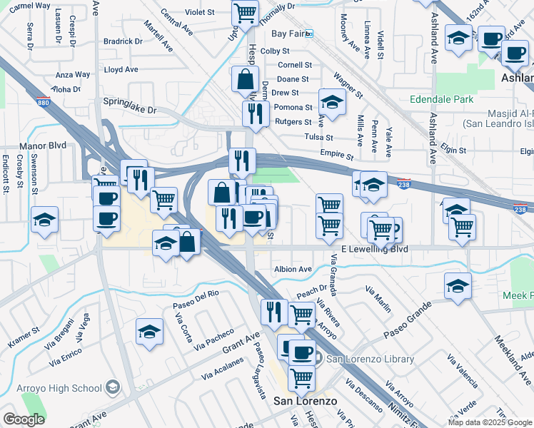 map of restaurants, bars, coffee shops, grocery stores, and more near 15539 Usher Street in San Lorenzo