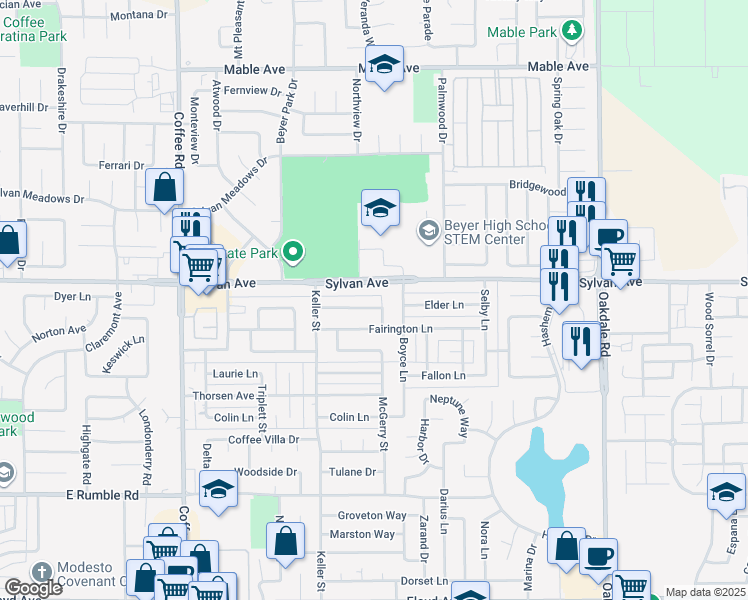 map of restaurants, bars, coffee shops, grocery stores, and more near 1710 Sylvan Avenue in Modesto