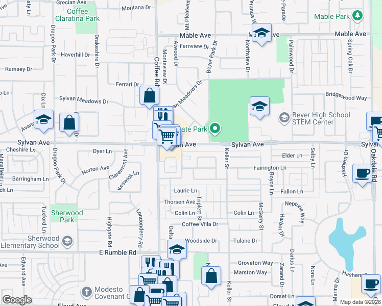 map of restaurants, bars, coffee shops, grocery stores, and more near 1406 Sylvan Avenue in Modesto
