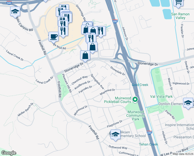 map of restaurants, bars, coffee shops, grocery stores, and more near 7539 Homewood Court in Pleasanton