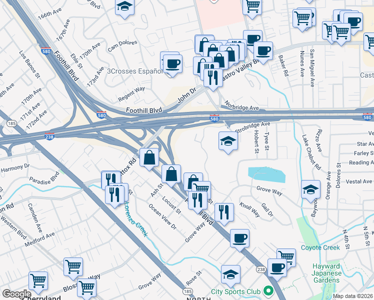 map of restaurants, bars, coffee shops, grocery stores, and more near 21109 Gary Drive in Hayward