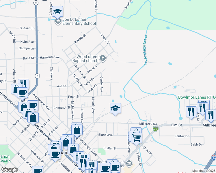 map of restaurants, bars, coffee shops, grocery stores, and more near 811 East Street in Lebanon