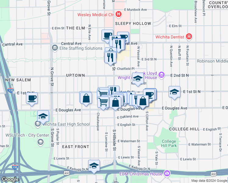 map of restaurants, bars, coffee shops, grocery stores, and more near 223 North Hillside Street in Wichita