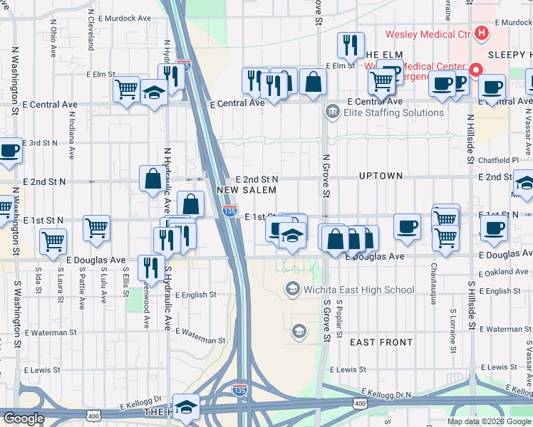 map of restaurants, bars, coffee shops, grocery stores, and more near 229 North Madison Avenue in Wichita