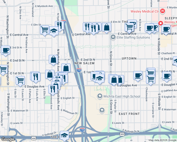 map of restaurants, bars, coffee shops, grocery stores, and more near 225 North Ash Street in Wichita