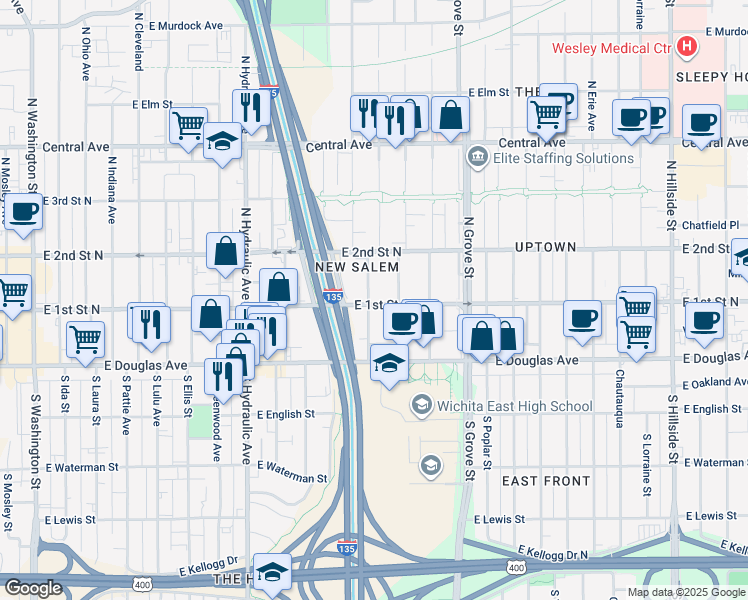 map of restaurants, bars, coffee shops, grocery stores, and more near 225 North Ash Street in Wichita