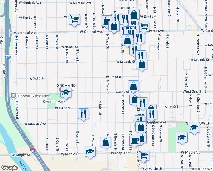 map of restaurants, bars, coffee shops, grocery stores, and more near 352 North Tracy Street in Wichita