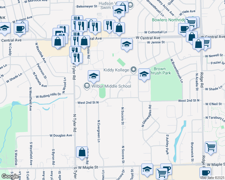 map of restaurants, bars, coffee shops, grocery stores, and more near 332 North Country Acres Avenue in Wichita