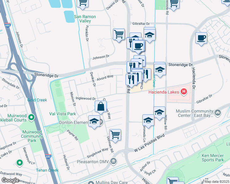 map of restaurants, bars, coffee shops, grocery stores, and more near 6137 Inglewood Drive in Pleasanton