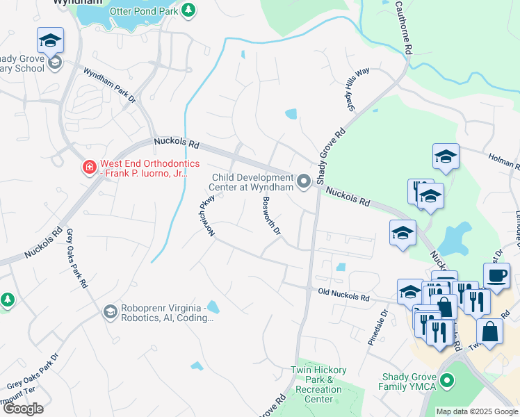 map of restaurants, bars, coffee shops, grocery stores, and more near 11724 Bosworth Drive in Glen Allen