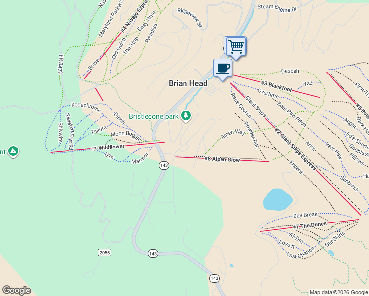 map of restaurants, bars, coffee shops, grocery stores, and more near 535 Brian Head Boulevard in Brian Head