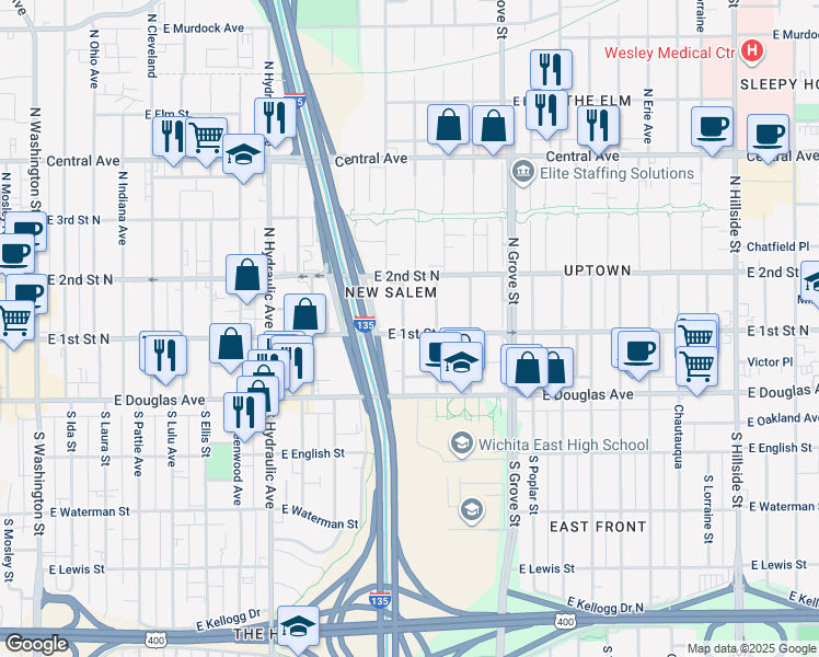 map of restaurants, bars, coffee shops, grocery stores, and more near 225 North Ash Street in Wichita
