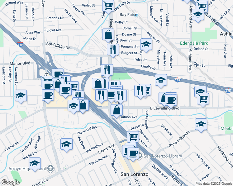 map of restaurants, bars, coffee shops, grocery stores, and more near 15539 Usher Street in San Lorenzo