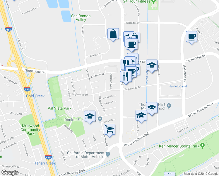map of restaurants, bars, coffee shops, grocery stores, and more near 6137 Inglewood Drive in Pleasanton