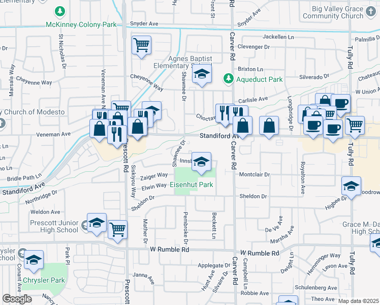 map of restaurants, bars, coffee shops, grocery stores, and more near 3420 Shawnee Drive in Modesto