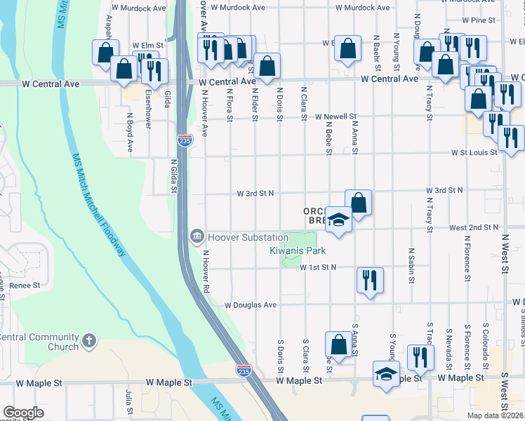 map of restaurants, bars, coffee shops, grocery stores, and more near 5101-5299 W 3rd Street North in Wichita